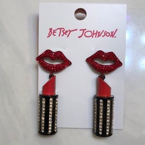 Betsey Johnson Going All Out Red Lipstick & Lips Drop Earrings Crystal NWT